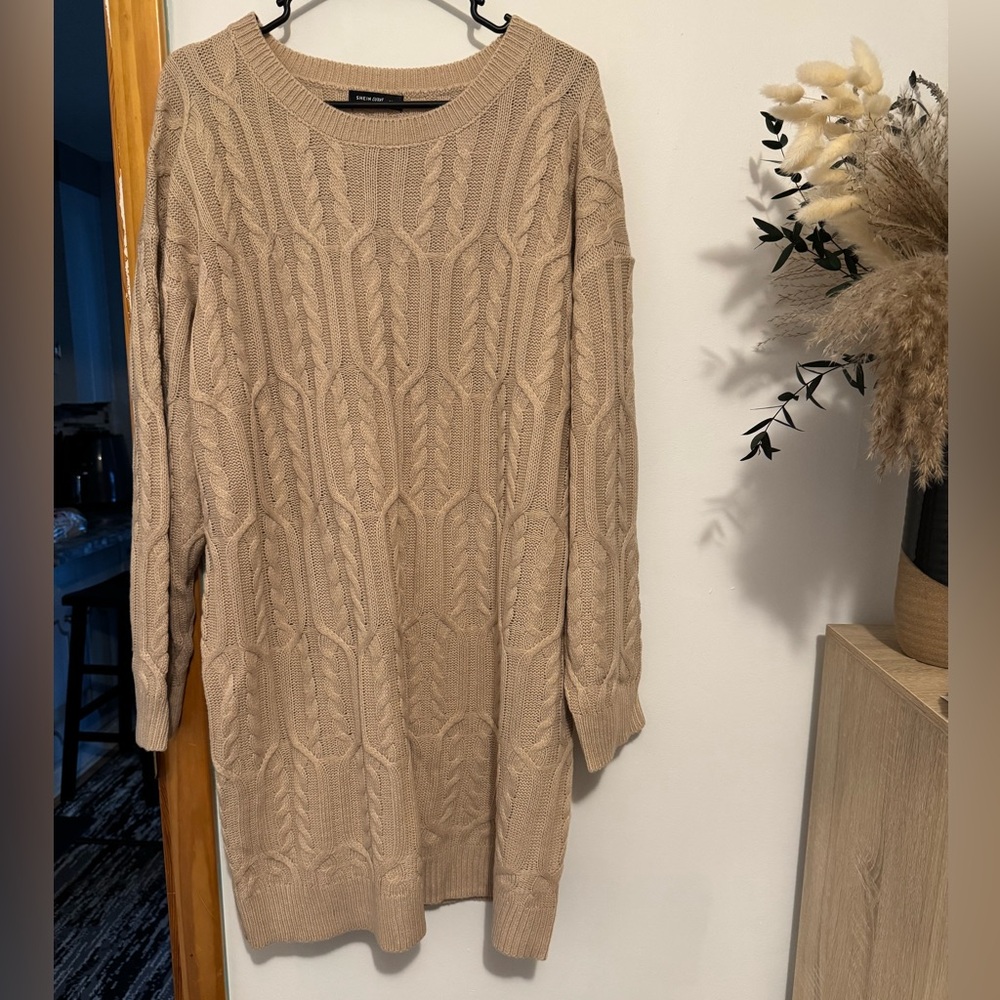 Beige Cable Knit Sweater Dress